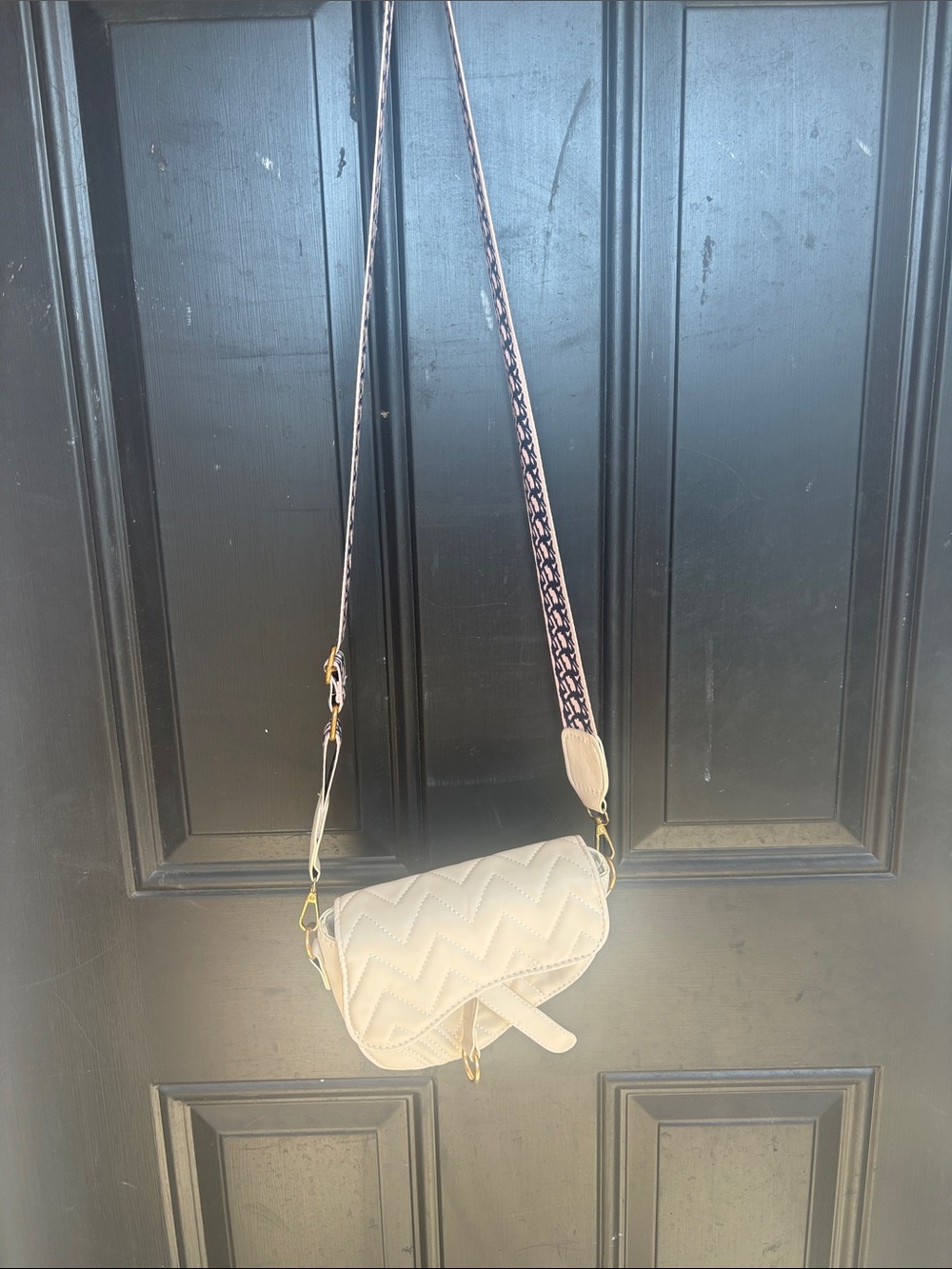 Quilted Cream Crossbody Bag with Decorative Strap